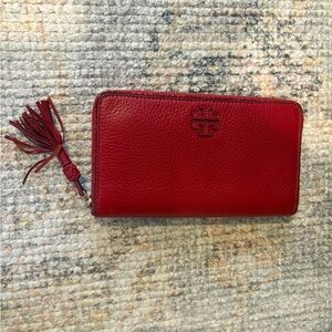 Tory Burch Thea Zip Continental Red Pebbled Leather Zip Wallet with Tassel